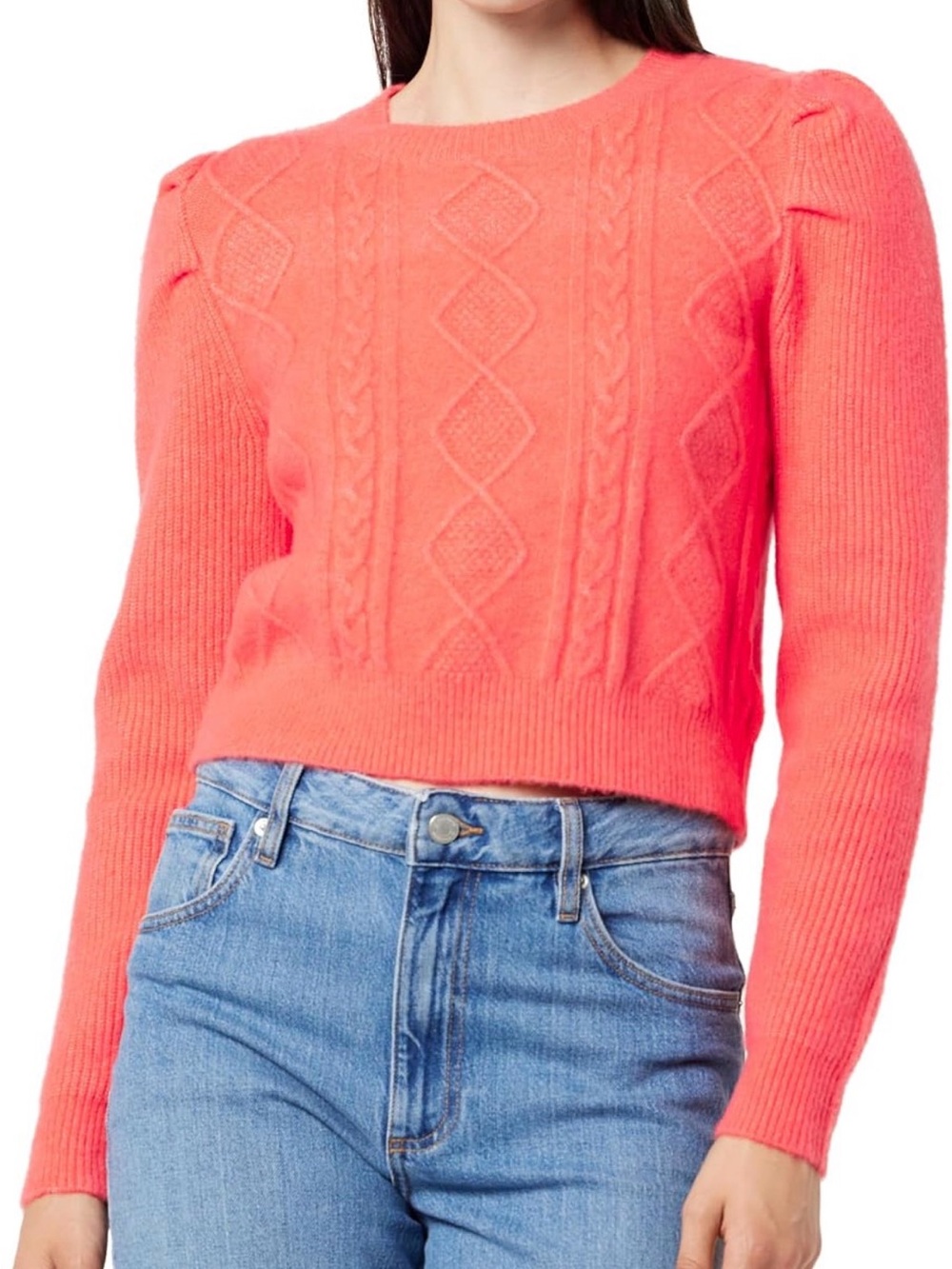 The Drop Coral Cable Knit Puff Sleeve Cropped Sweater XS NWT Coastal Grandma